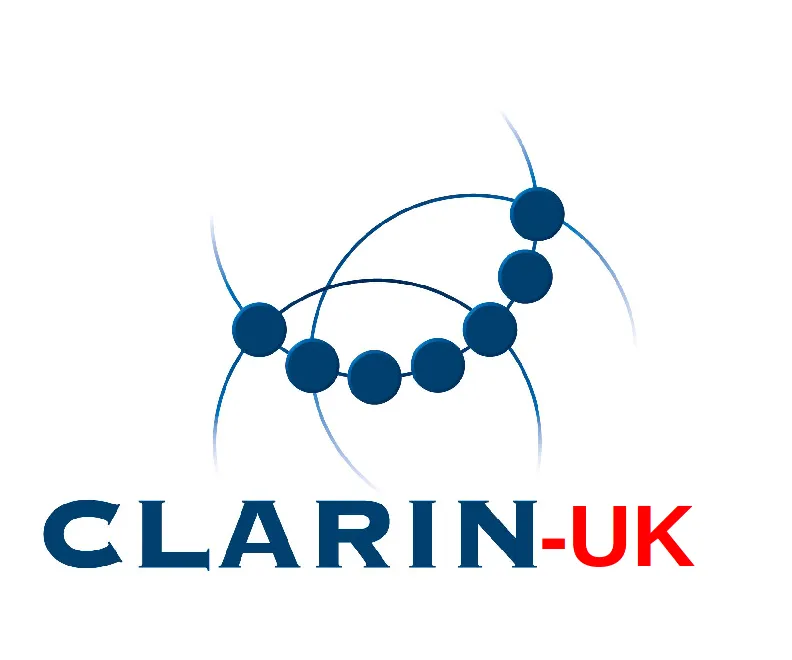 CLARIN logo in blue with interlocking circles, under the text of CLARIN in blue and UK in red