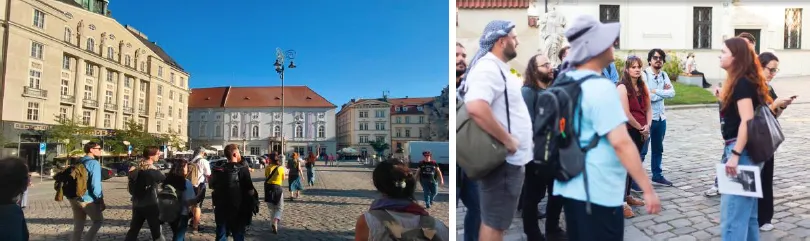 Brno school participants visiting the historic places in Brno during the city tour 